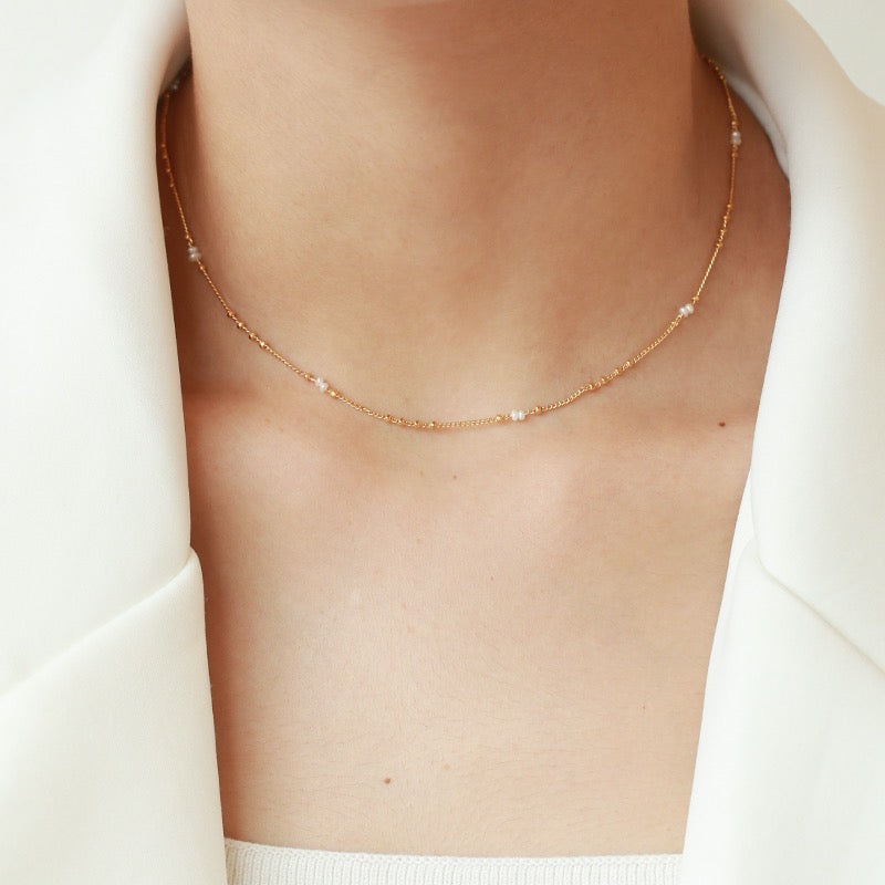 Gold-Plated Ethereal Pearl Bead Station Necklace