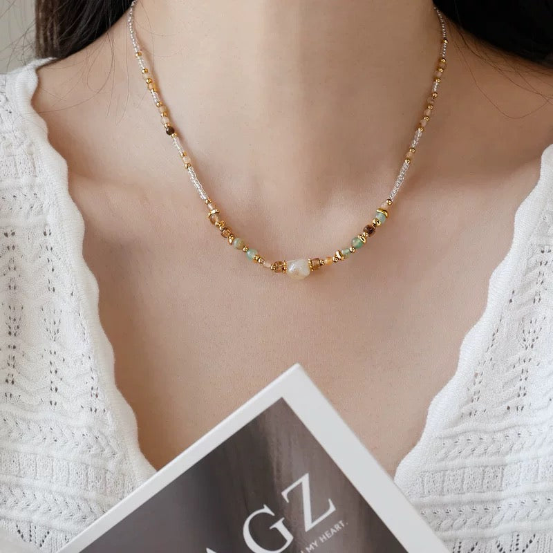 Gold-Plated Natural Whisper Natural Stone and Pearl Necklace