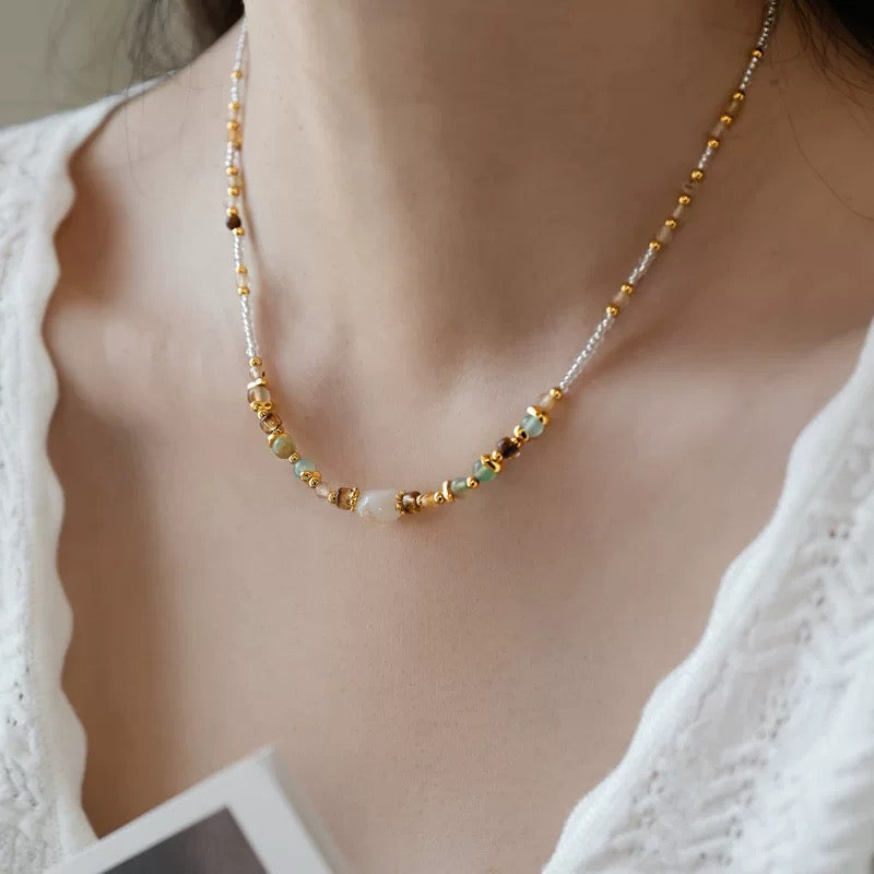 Gold-Plated Natural Whisper Natural Stone and Pearl Necklace