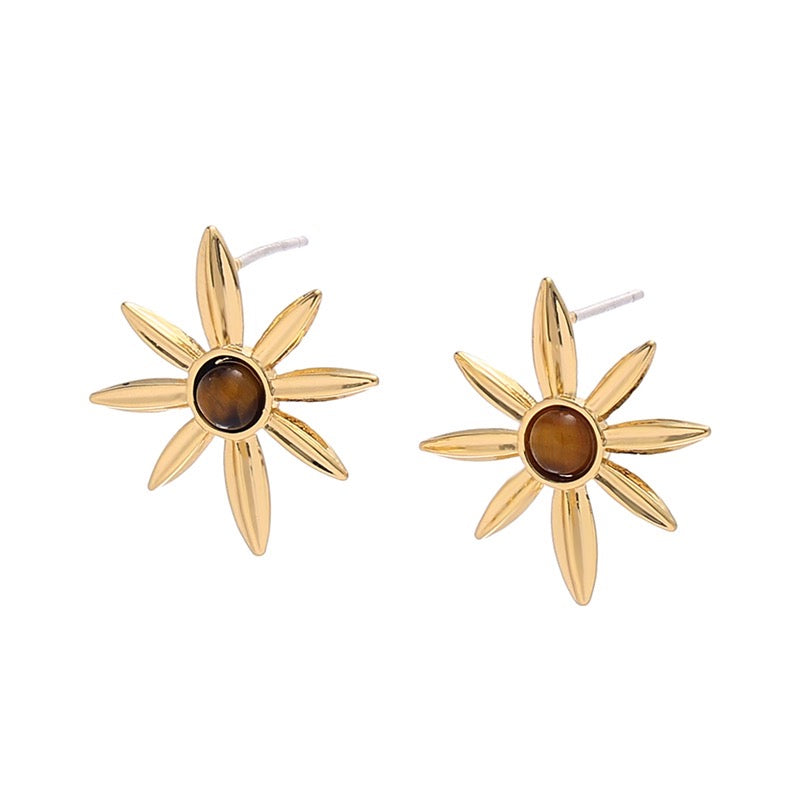 Vintage Meridian Style Gold-Plated Flower and Tiger's Eye(Natural Stone) Earrings