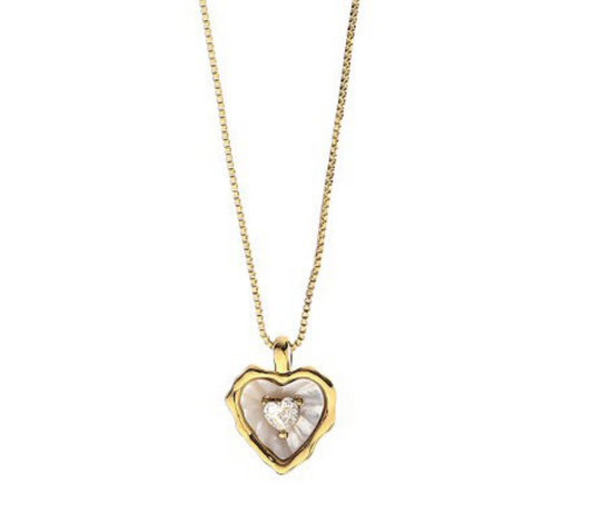 Gold-Plated Exquisite Necklace with Heart Shaped Natural Shell and Zircon Pendant