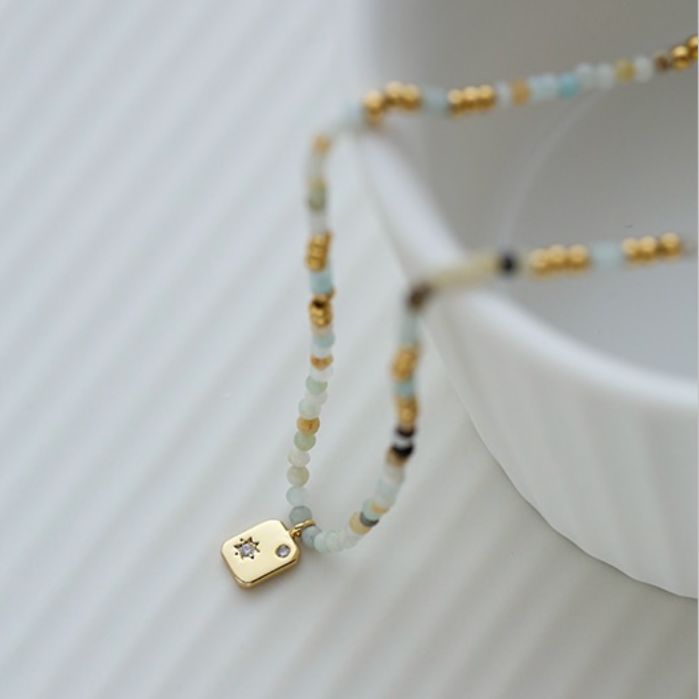 Gold-Plated Chic Natural Stone Necklace With  Zirconia Square Pendant