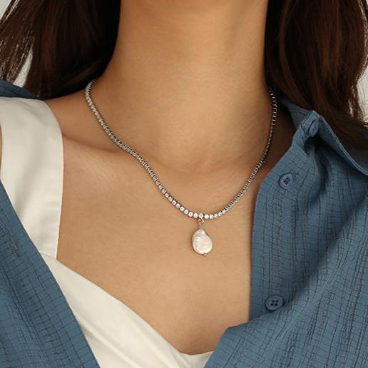 Platinum-Plated Elegant Zircon and Baroque Pearl Necklace