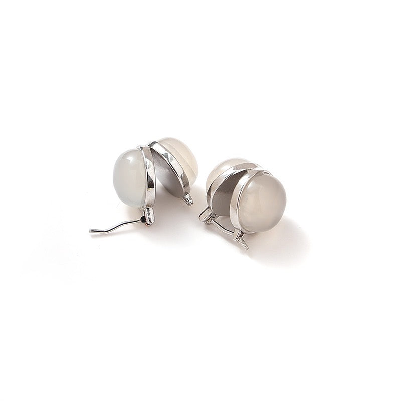 French Platinum-Plated White Agate(Natural Stone) Statement Stud Earrings