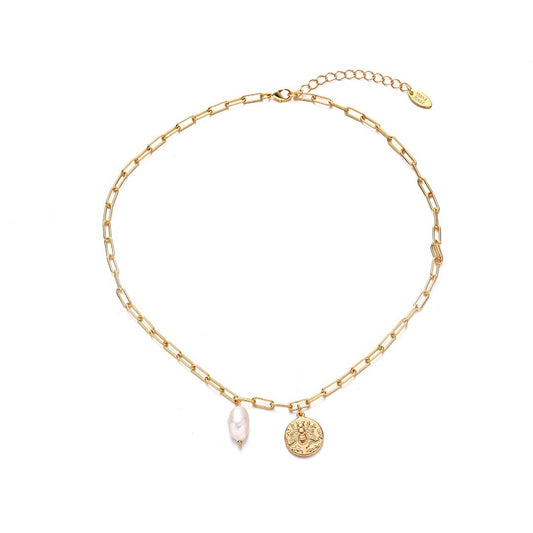 Gold-Plated Chic Vintage Medallion and Pearl Drop Necklace