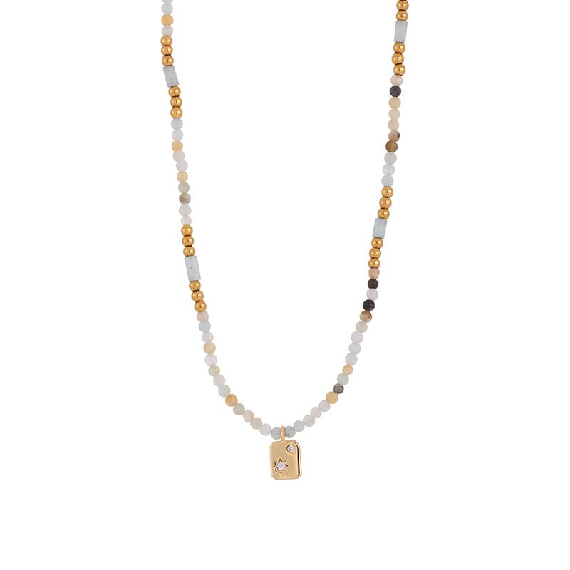 Gold-Plated Chic Natural Stone Necklace With  Zirconia Square Pendant