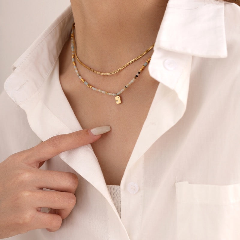 Gold-Plated Chic Natural Stone Necklace With  Zirconia Square Pendant