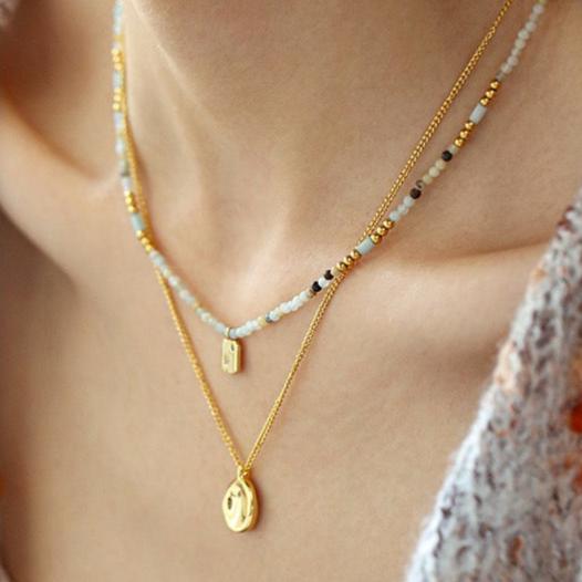 Gold-Plated Chic Natural Stone Necklace With  Zirconia Square Pendant