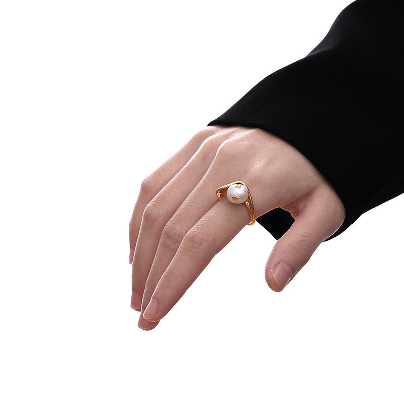 Gold-Plated French Elegant Vintage Pearl Open Ring