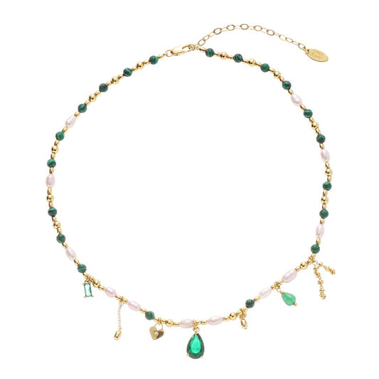 Gold-Plated Fashionable Retro Style Necklace with Pearls and Natural Stones