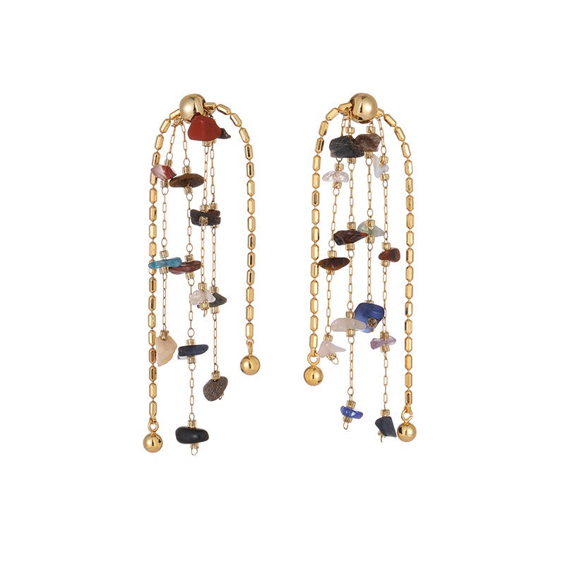 Gold-Plated Multicolor Natural Stone Tassel Earrings