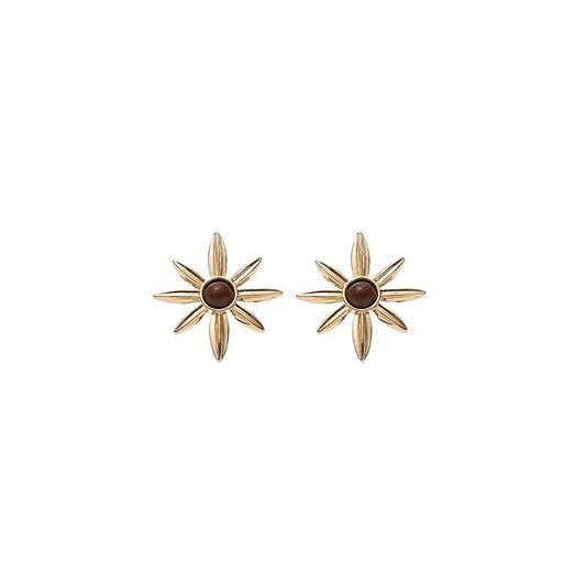 Vintage Meridian Style Gold-Plated Flower and Tiger's Eye(Natural Stone) Earrings