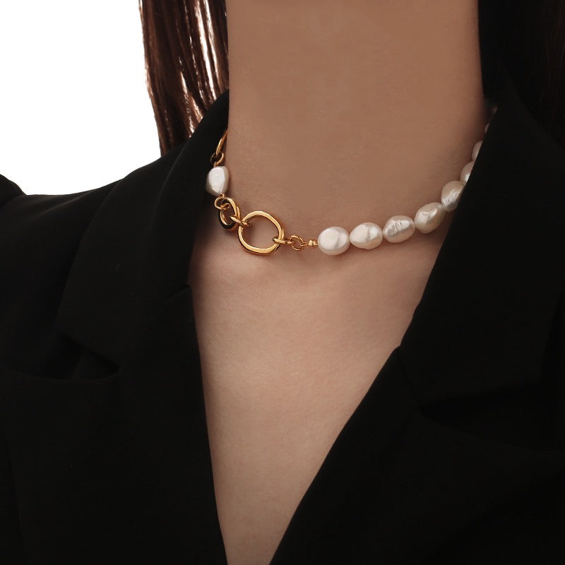 Gold-Plated Elegant and Bold Baroque Pearl Necklace