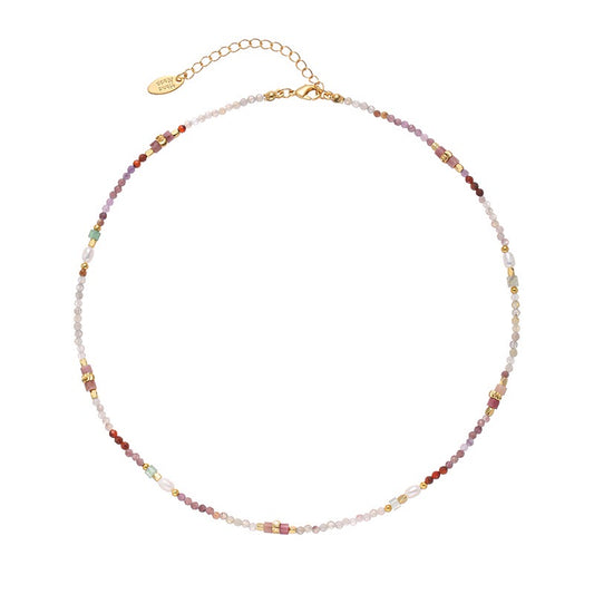 Gold-Plated Multi-Color Natural Stone and Natural Pearls Necklace