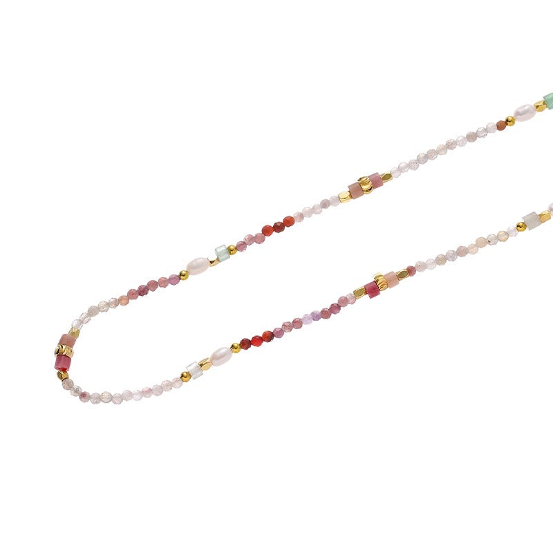 Gold-Plated Multi-Color Natural Stone and Natural Pearls Necklace