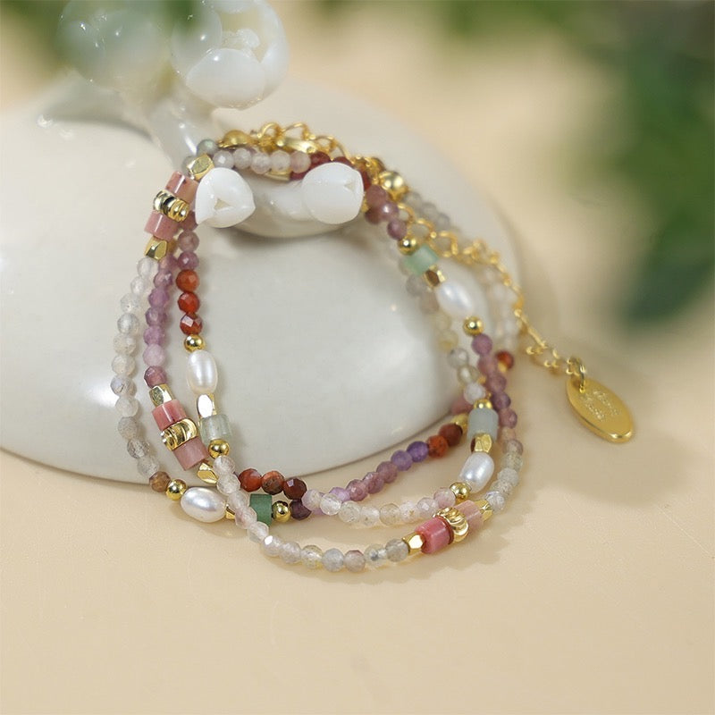 Gold-Plated Multi-Color Natural Stone and Natural Pearls Necklace