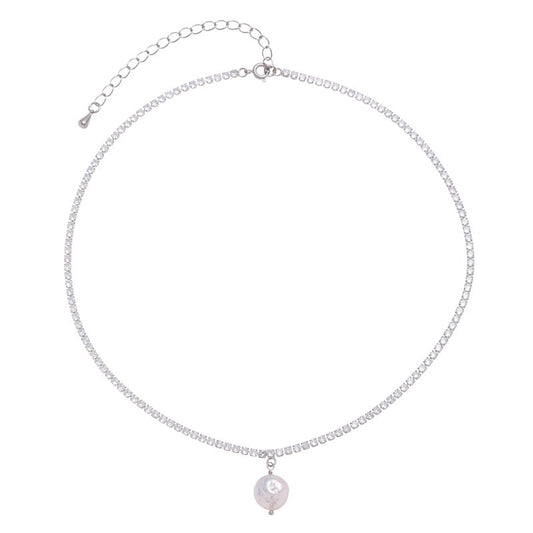 Platinum-Plated Elegant Zircon and Baroque Pearl Necklace