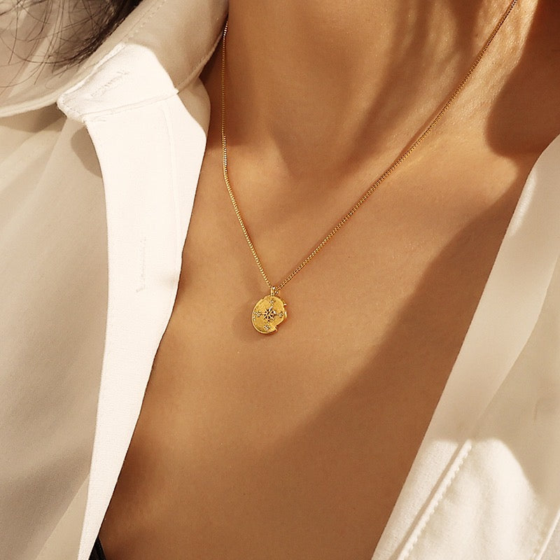 Gold-Plated Sparkle Star Disc Pendant Necklace