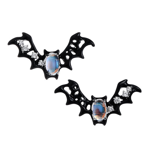 Platinum-Plated Bat Earrings with Moonstone & Zircon Accents