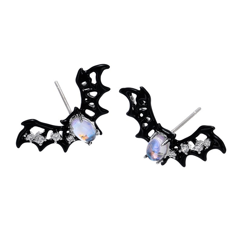 Platinum-Plated Bat Earrings with Moonstone & Zircon Accents