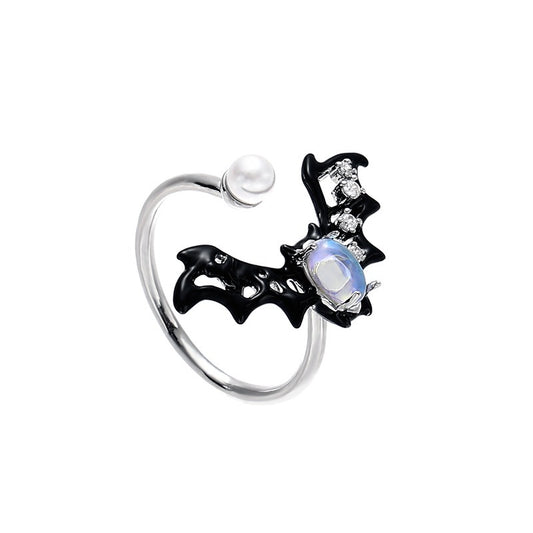 Platinum-Plated Gothic Bat Ring With Moonstone & Simulated Pearls