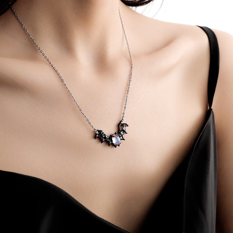 Platinum-Plated Bat Necklace with Moonstone & Zircon