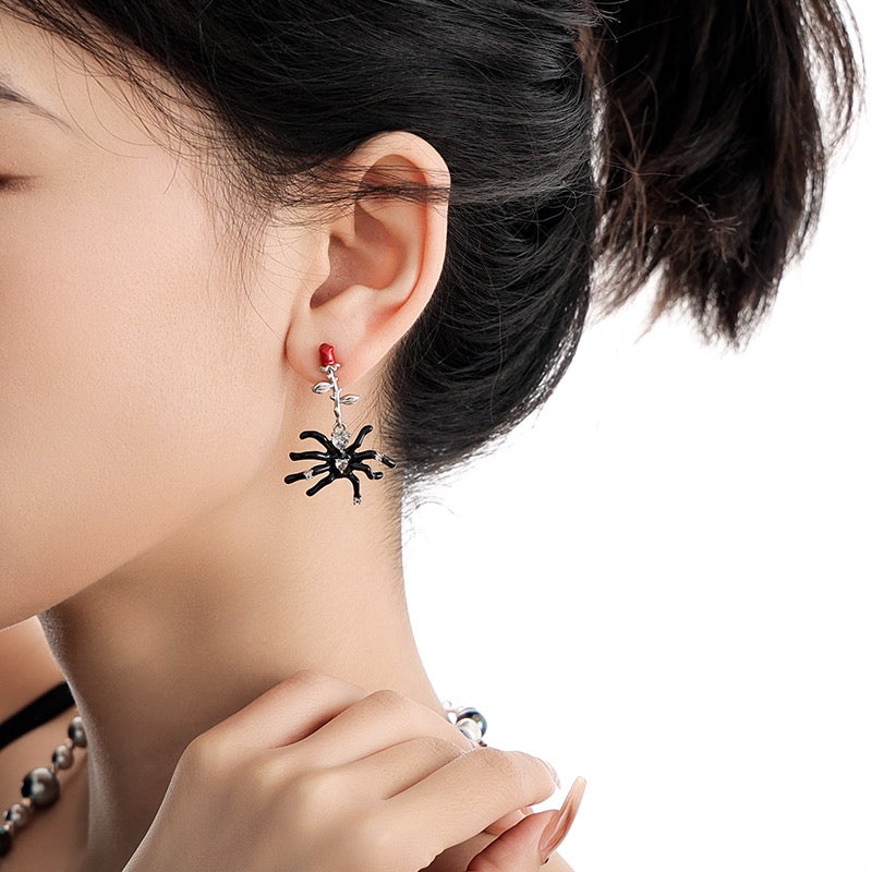 Platinum-Plated Gothic Rose Stem and Spider Earrings