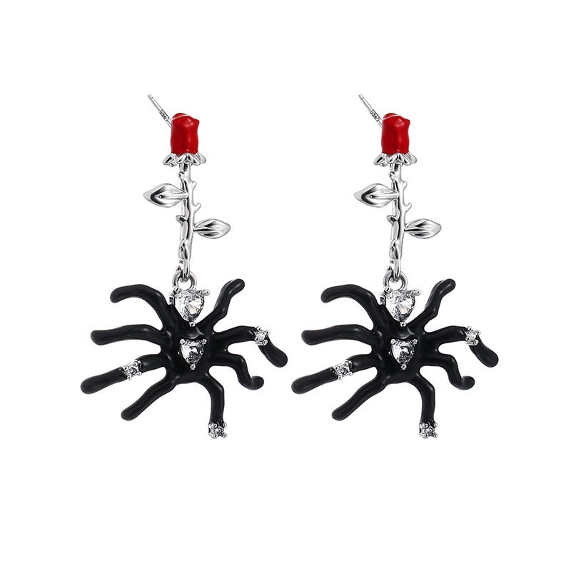 Platinum-Plated Gothic Rose Stem and Spider Earrings