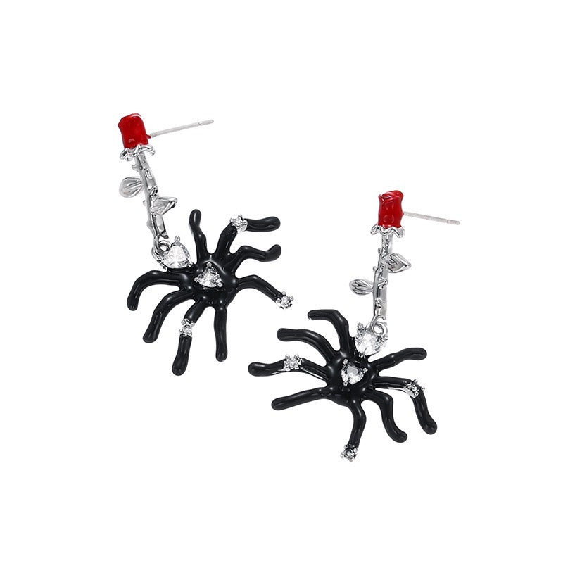 Platinum-Plated Gothic Rose Stem and Spider Earrings