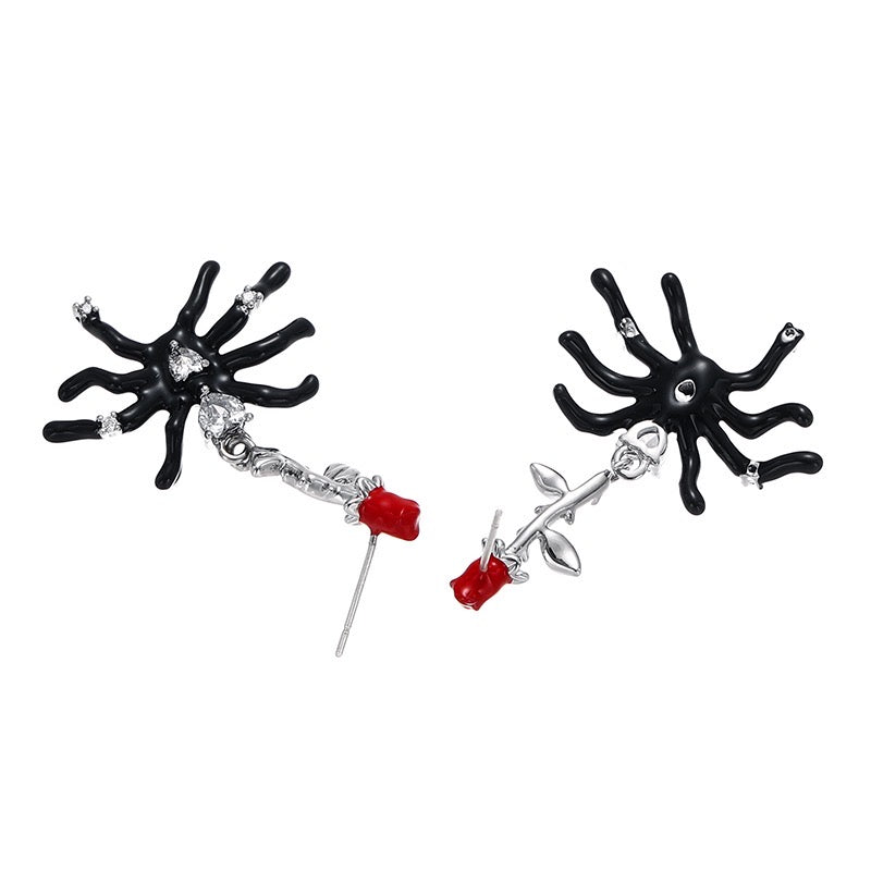 Platinum-Plated Gothic Rose Stem and Spider Earrings