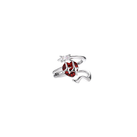 Platinum-Plated Gothic Red Heart Zircon & Star Ring