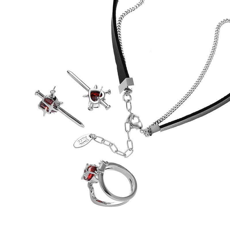 Platinum-Plated Dark Gothic Star and Red Zircon Sword  Earrings