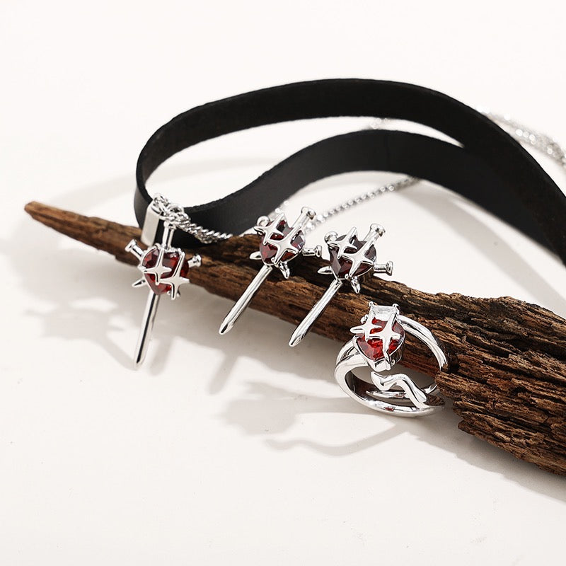 Platinum-Plated Dark Gothic Star and Red Zircon Sword  Earrings