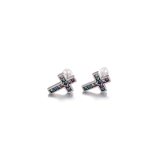 Platinum-Plated Gothic Cross Stud Earrings With Colored Zircons