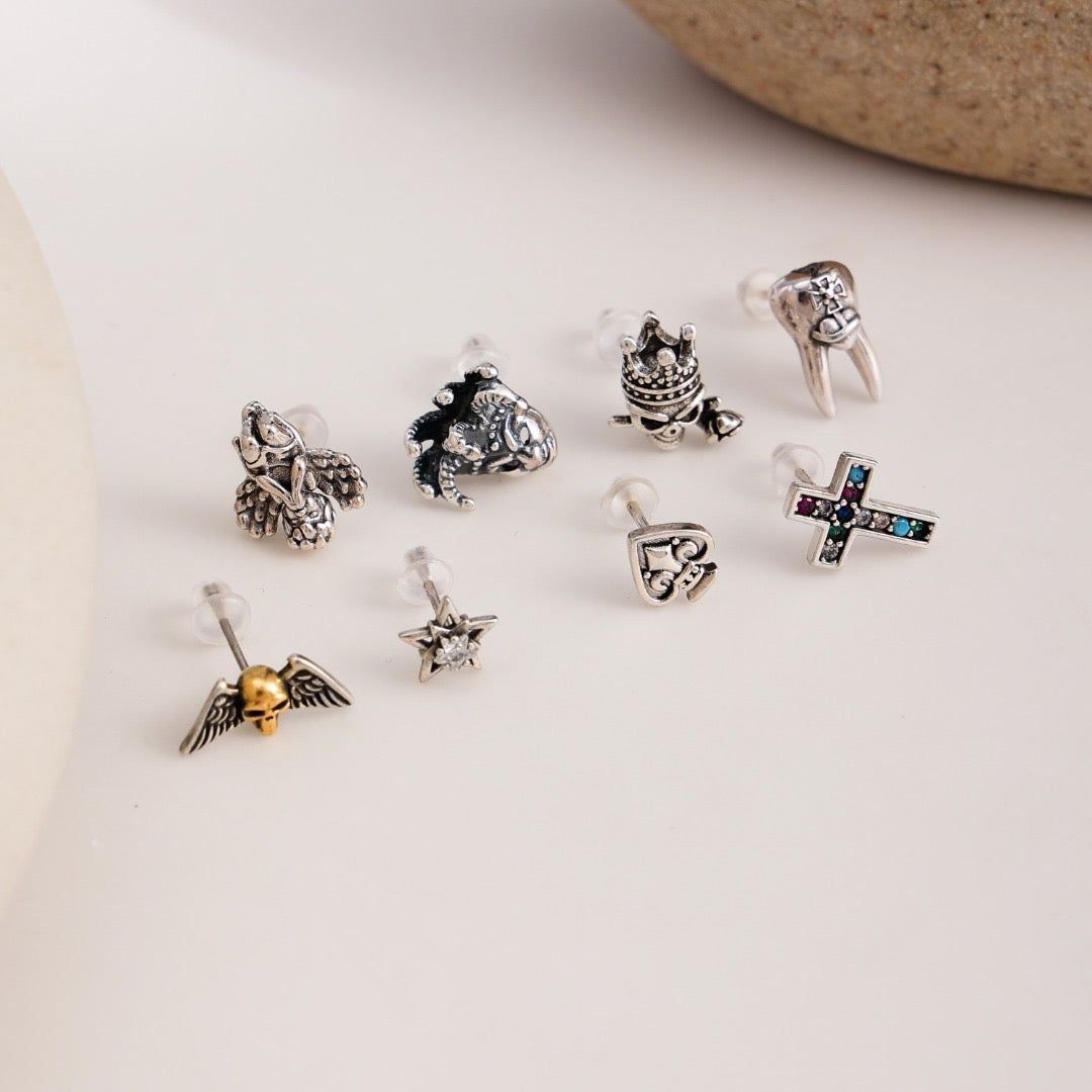 Platinum-Plated Gothic Cross Stud Earrings With Colored Zircons