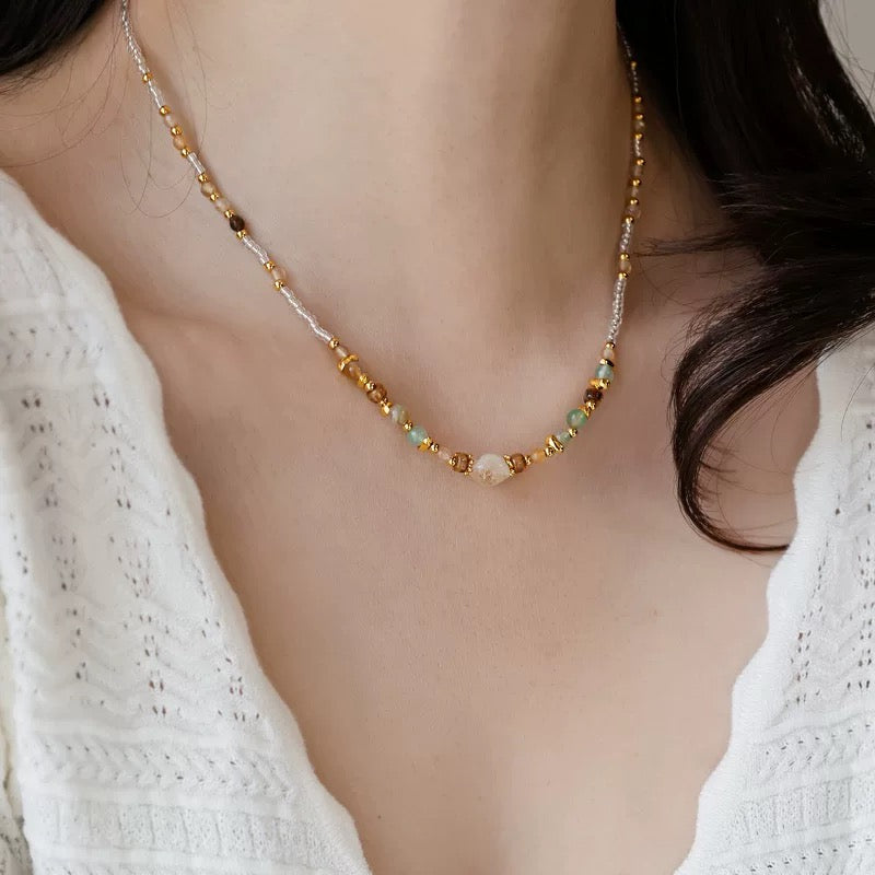 Gold-Plated Natural Whisper Natural Stone and Pearl Necklace