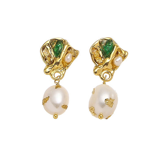 Gold-Plated French Vintage Zircon Baroque Pearl Earrings