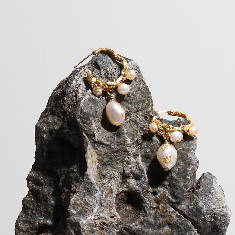 Gold-Plated Vintage French Baroque Pearl Earrings